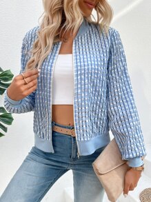 EMERY ROSE Plaid Print Zip Up Bomber Jacket Fall Winter Cloth For Women - Blue - View 6