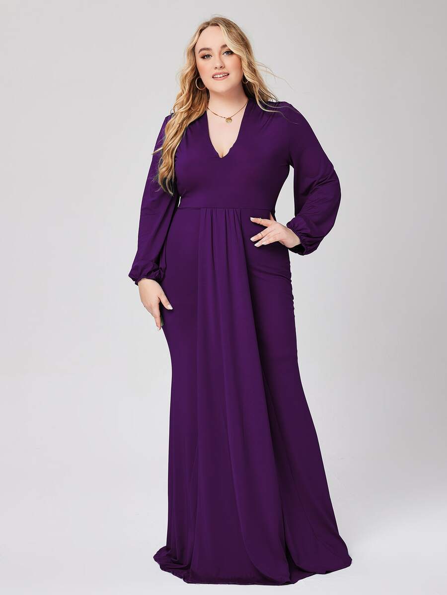 Plus Plunge Neck Lantern Sleeve Maxi Dress - Purple - View 1
