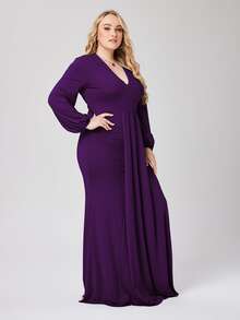 Plus Plunge Neck Lantern Sleeve Maxi Dress - Purple - View 3
