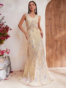 YISIKADO Contrast Sequin Formal Dress - Champagne - View 2