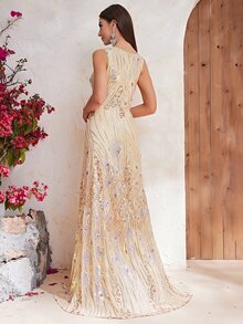 YISIKADO Contrast Sequin Formal Dress - Champagne - View 3