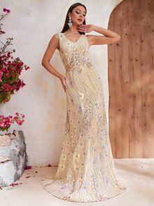 YISIKADO Contrast Sequin Formal Dress - Champagne - View 4