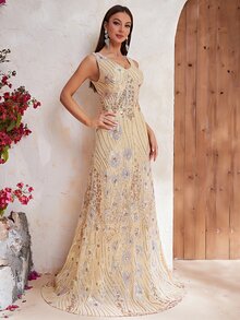 YISIKADO Contrast Sequin Formal Dress - Champagne - View 7