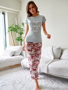 RueChic Letter Graphic PJ Set - Grey - View 3