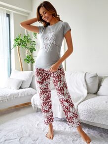 RueChic Letter Graphic PJ Set - Grey - View 4