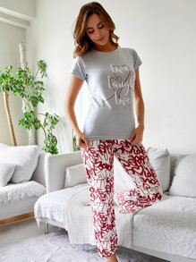 RueChic Letter Graphic PJ Set - Grey - View 5