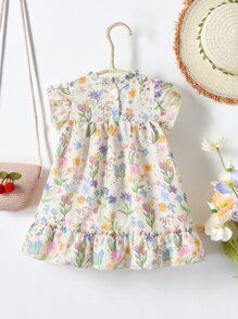 SHEIN Đứa bé gái Hoa & Thỏ in Viền Ruffle Đầm - Nhiều màu - Xem 2