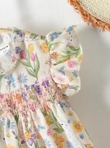 SHEIN Đứa bé gái Hoa & Thỏ in Viền Ruffle Đầm - Nhiều màu - Xem 4