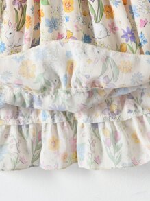 SHEIN Đứa bé gái Hoa & Thỏ in Viền Ruffle Đầm - Nhiều màu - Xem 5