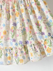 SHEIN Đứa bé gái Hoa & Thỏ in Viền Ruffle Đầm - Nhiều màu - Xem 6