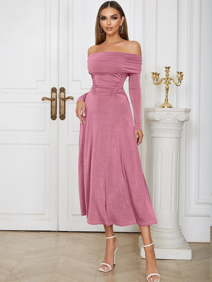Off Shoulder Foldover Off Shoulder Ruched Waist Dress - Baby Pink - View 1