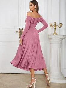 Off Shoulder Foldover Off Shoulder Ruched Waist Dress - Baby Pink - View 2