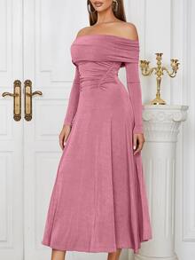 Off Shoulder Foldover Off Shoulder Ruched Waist Dress - Baby Pink - View 3