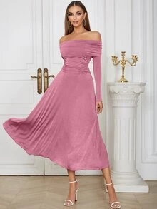 Off Shoulder Foldover Off Shoulder Ruched Waist Dress - Baby Pink - View 4