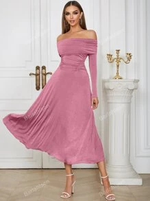 Off Shoulder Foldover Off Shoulder Ruched Waist Dress