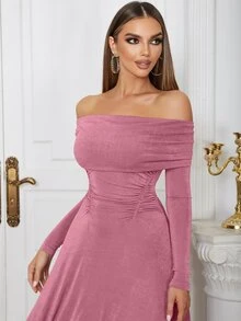 Off Shoulder Foldover Off Shoulder Ruched Waist Dress - Baby Pink - View 5