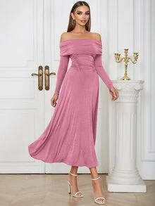 Off Shoulder Foldover Off Shoulder Ruched Waist Dress - Baby Pink - View 6