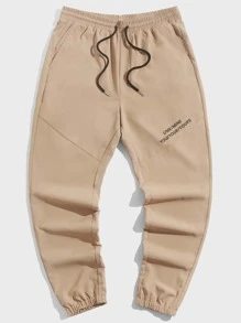 Manfinity Men Letter Graphic Drawstring Waist Trousers - Khaki - View 3