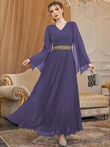 Modelyn Đầm Thắt lưng Xếp li Ruy băng Khối Màu Thanh lịch - Màu tím - Xem 1