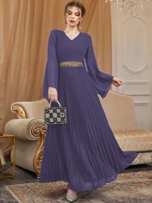 Modelyn Đầm Thắt lưng Xếp li Ruy băng Khối Màu Thanh lịch - Màu tím - Xem 5