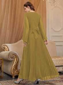 Modelyn Đầm Thắt lưng ghép mộng kim sa Xếp li màu trơn Thanh lịch - gừng - Xem 2