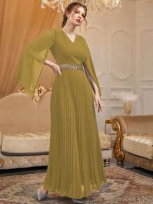 Modelyn Đầm Thắt lưng ghép mộng kim sa Xếp li màu trơn Thanh lịch - gừng - Xem 4