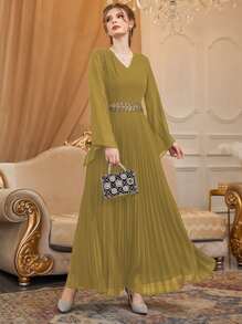 Modelyn Đầm Thắt lưng ghép mộng kim sa Xếp li màu trơn Thanh lịch - gừng - Xem 6