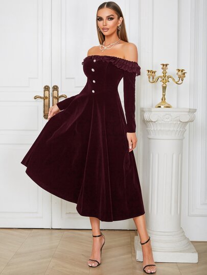 Off Shoulder Contrast Mesh Ruffle Trim Velvet Dress