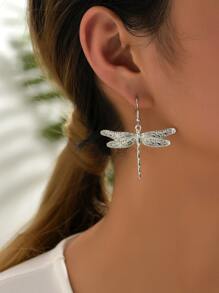 1雙復古鋅合金蜻蜓耳墜適用於日常裝飾 - 銀色 - 查看 4
