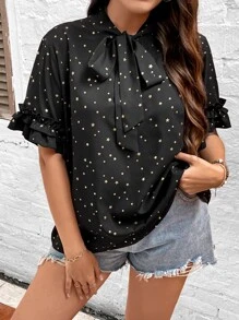 SHEIN LUNE Plus Star Print Tie Neck Flounce Sleeve Blouse - Black - View 2