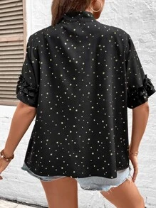 SHEIN LUNE Plus Star Print Tie Neck Flounce Sleeve Blouse - Black - View 3