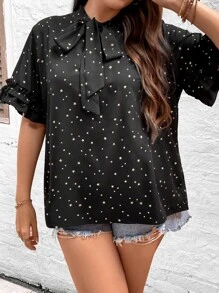 SHEIN LUNE Plus Star Print Tie Neck Flounce Sleeve Blouse - Black - View 4