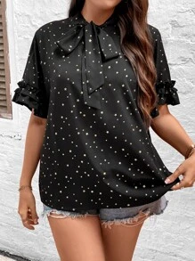 SHEIN LUNE Plus Star Print Tie Neck Flounce Sleeve Blouse - Black - View 1