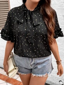 SHEIN LUNE Plus Star Print Tie Neck Flounce Sleeve Blouse - Black - View 5