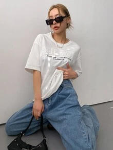 DAZY Slogan Graphic Drop Shoulder Tee - White - View 4