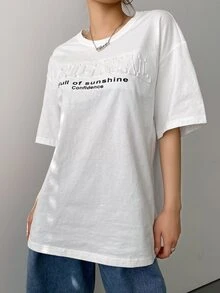DAZY Slogan Graphic Drop Shoulder Tee - White - View 6
