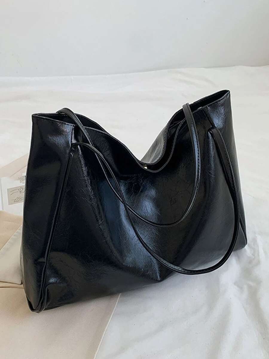 Túi Xách tay Nữ màu trơn Đôi tay cầm Retro - màu đen - Xem 1