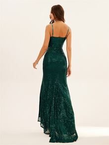 高衩亮片吊帶正式洋裝 - 墨綠色 - 查看 2
