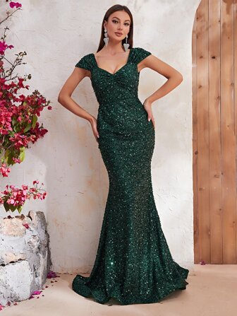 YISIKADO 雞心領口亮片魚尾裙下擺正式連衣裙