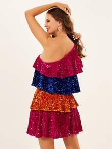 One Shoulder Colourblock Ruffle Trim Sequin Dress