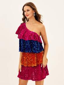 One Shoulder Colourblock Ruffle Trim Sequin Dress