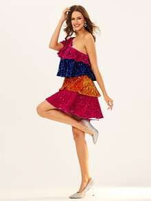 One Shoulder Colourblock Ruffle Trim Sequin Dress