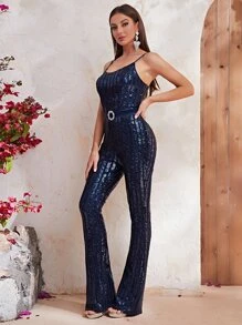 YISIKADO 腰帶亮片吊帶連體褲 - 藏蓝色 - 查看 7