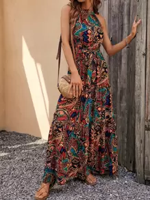 SHEIN VCAY Long Yellow Summer Vacation Dress With Waist Belt Long Dress Music Festival - Multicolor - View 1