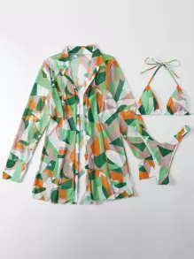 全印花露背三角型夏季沙灘比基尼連帽長袍套裝 - 彩色 - 查看 1