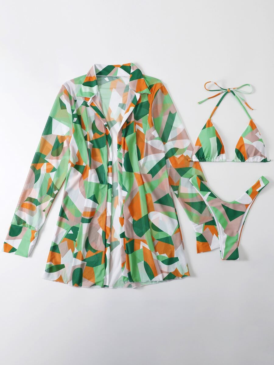 全印花露背三角型夏季沙灘比基尼連帽長袍套裝 - 彩色 - 查看 1