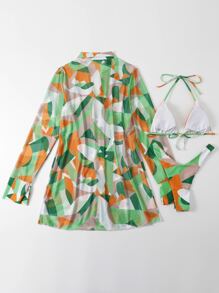 全印花露背三角型夏季沙灘比基尼連帽長袍套裝 - 彩色 - 查看 2