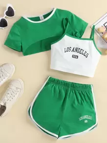 SHEIN 青少年女孩字母圖案吊帶上衣和T恤和運動短褲 - 彩色 - 查看 1