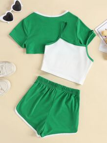 SHEIN 青少年女孩字母圖案吊帶上衣和T恤和運動短褲 - 彩色 - 查看 2