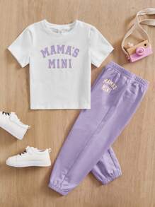 SHEIN Leap Crew 2pcs/Set Fitted "Young Girl" Letter Graphic T-Shirt And Jogger Pants Casual Outfit - Lilac Purple - View 1